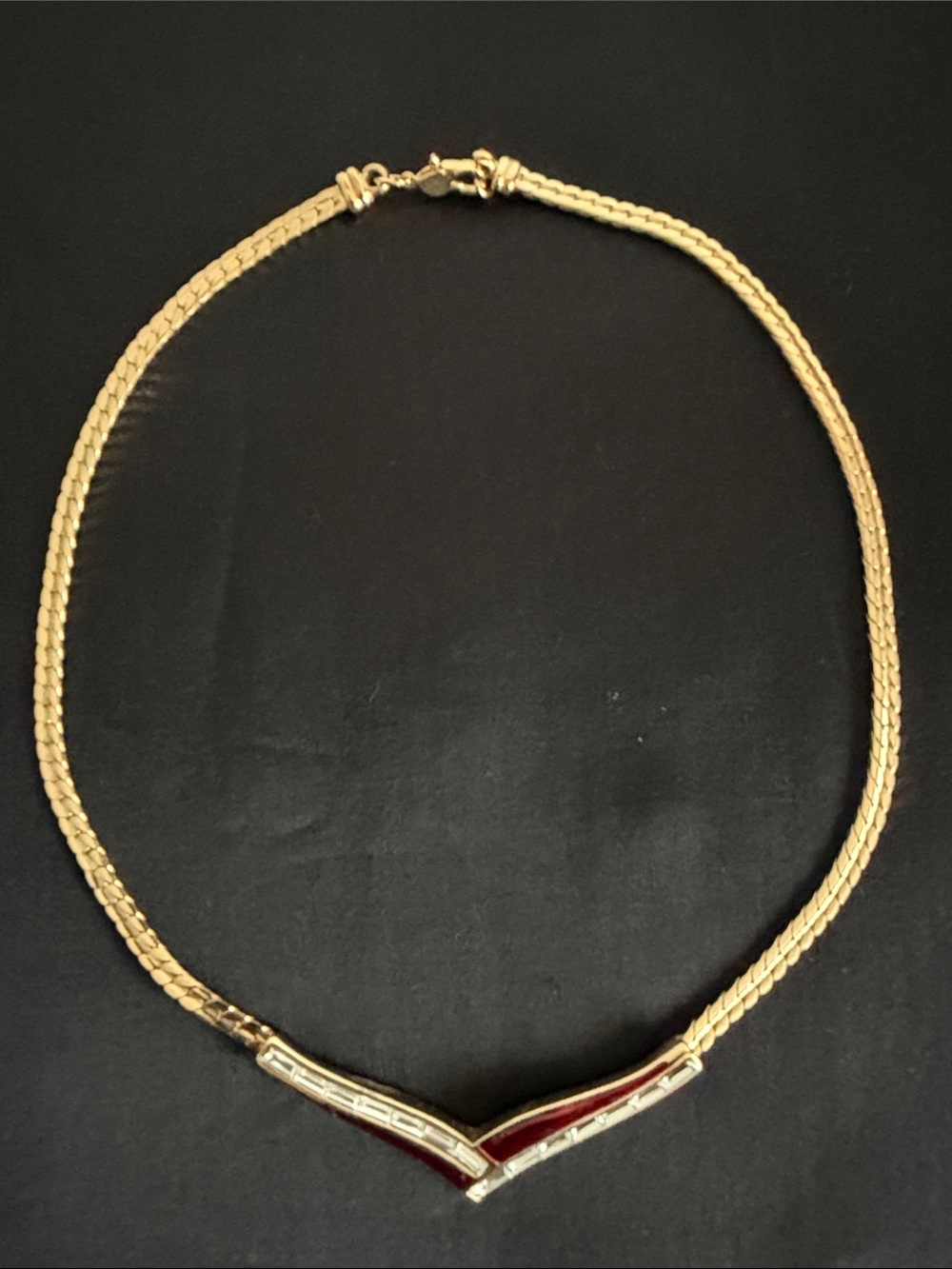 Vintage Gold Tone Red Enamel Rhinestone V Chevron Collar Necklace⁠